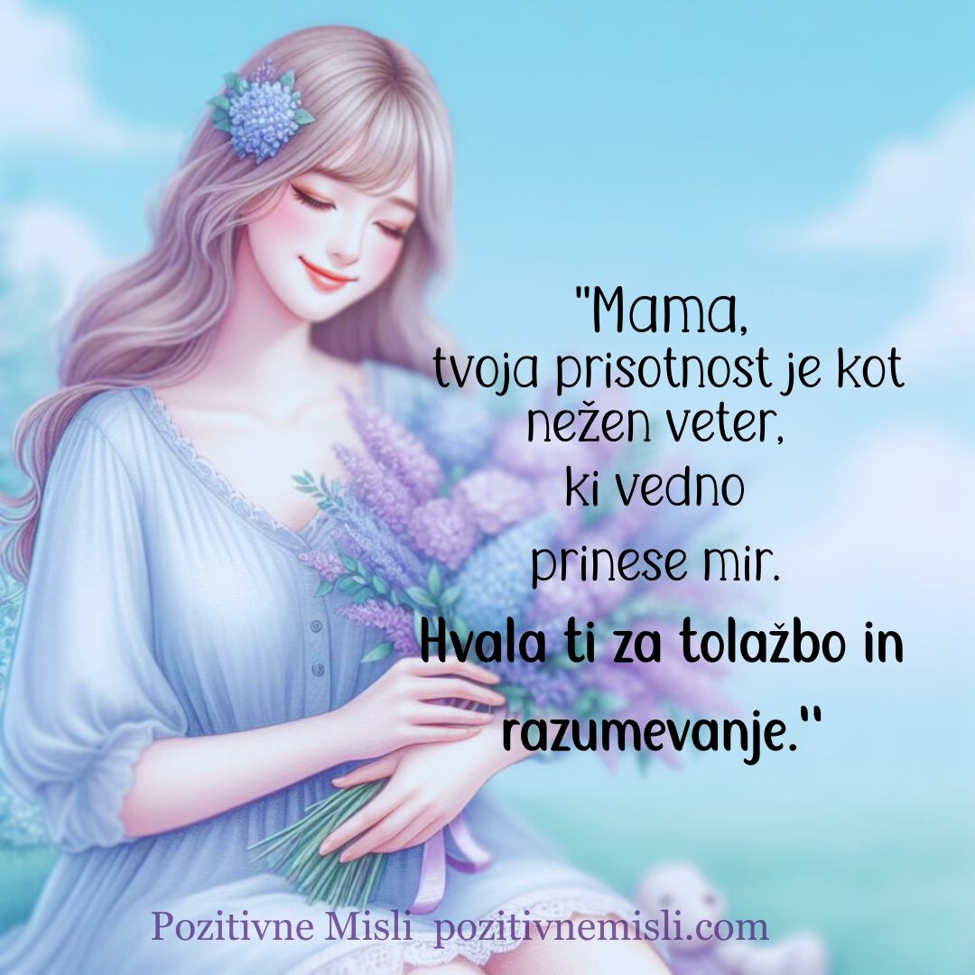 Misli za materinski dan: "Mama,
 tvoja prisotnost je kot nežen veter, 
ki vedno 
prinese mir. 
Hvala ti za tolažbo in razumevanje."